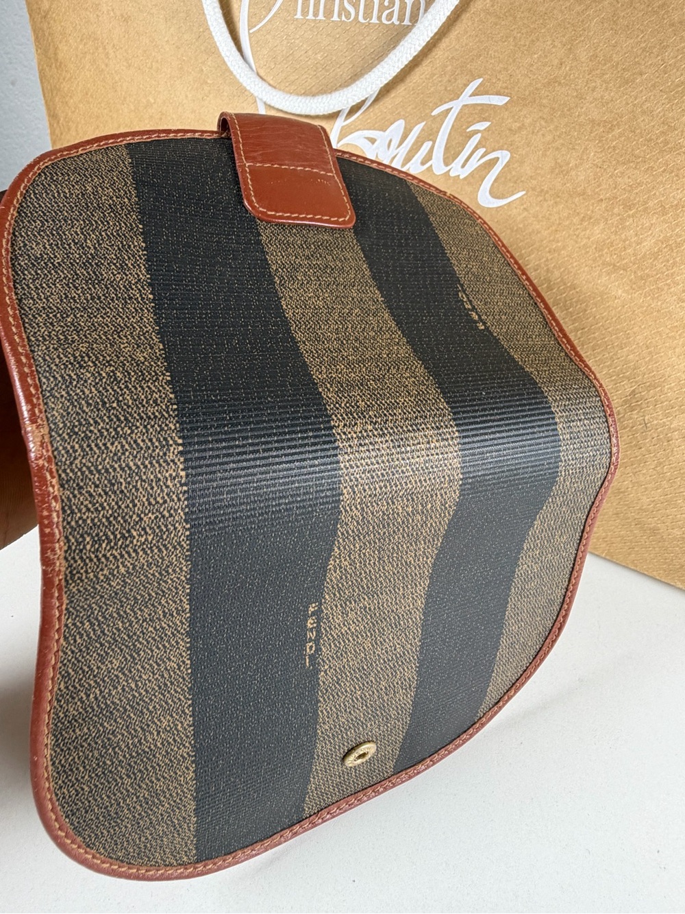 Fendi Brown and Black Striped Canvas Pouch with Leather Trim - Picture 2 of 7